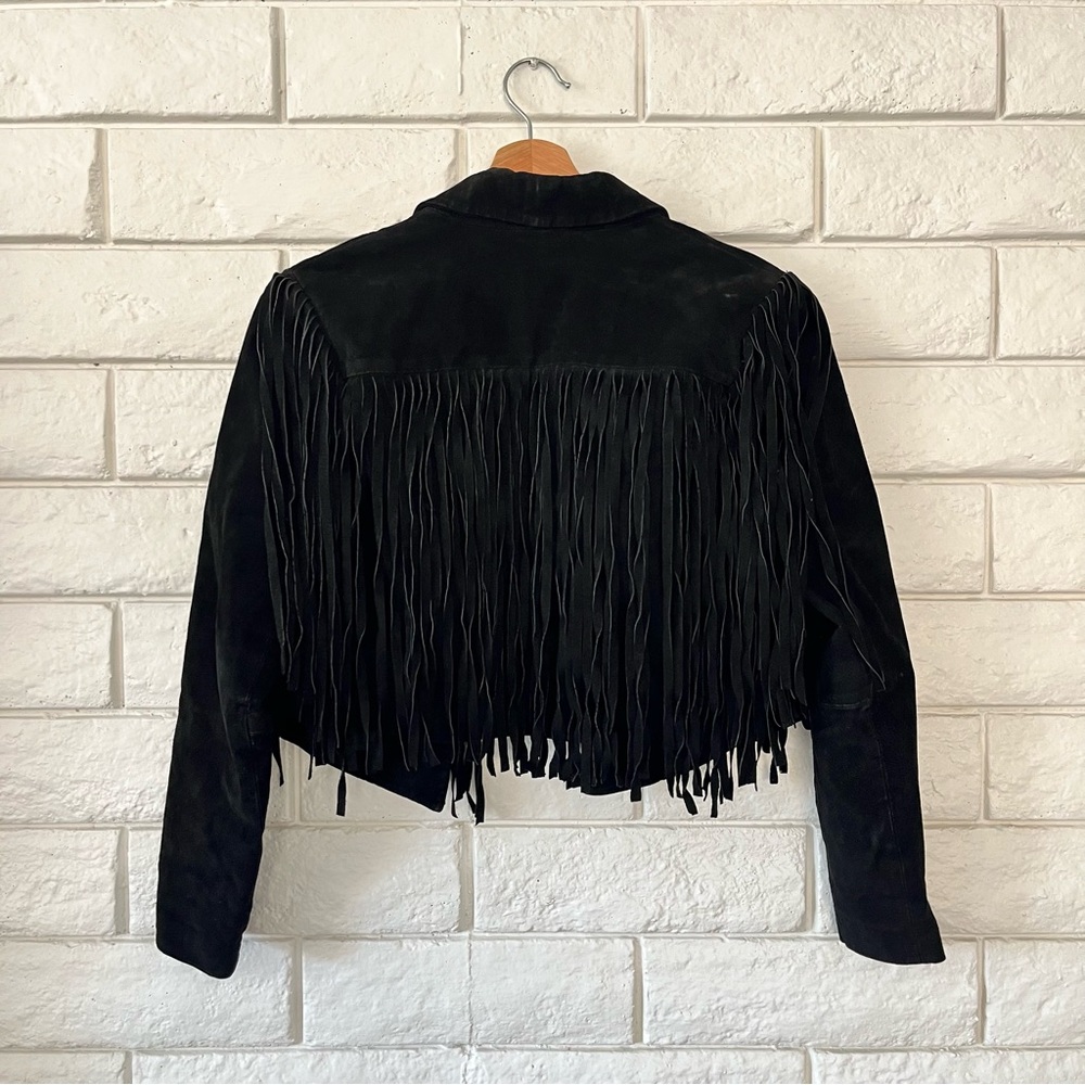 Black Genuine Leather Crop Fringe Western Jacket Small - Picture 3 of 5